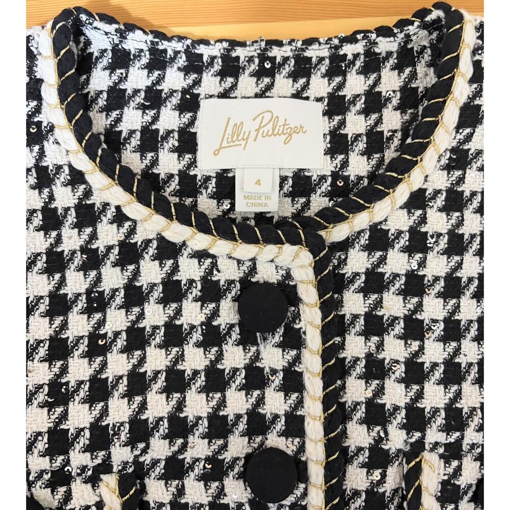 Lilly Pulitzer Corvina Sequin Tweed Boucle Jacket Noir Houndstooth Size 0 - Picture 2 of 2